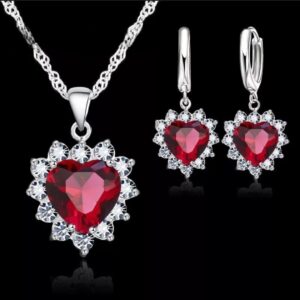 Srebrna biżuteria 925 zestaw serce czerwone kolczyki łańcuszek przywieszka cyrkonie